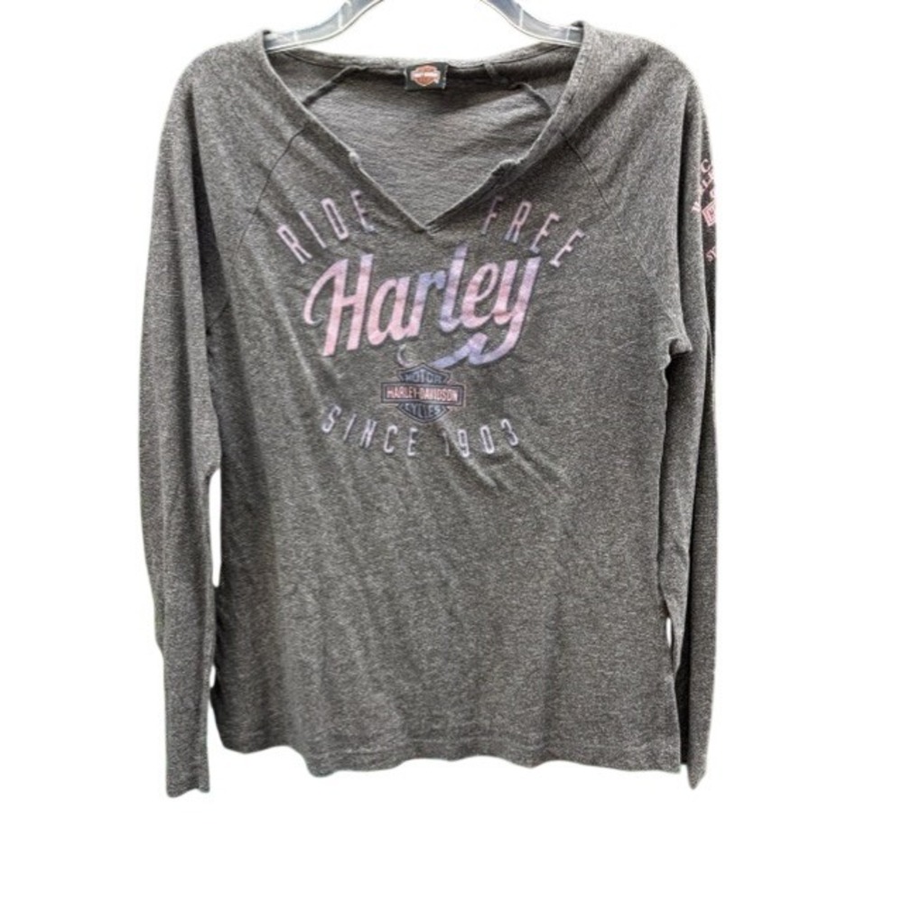 Harley-Davidson Womens Long Sleeve Graphic Tee Grey Ride Free V-Neck Sydney NS